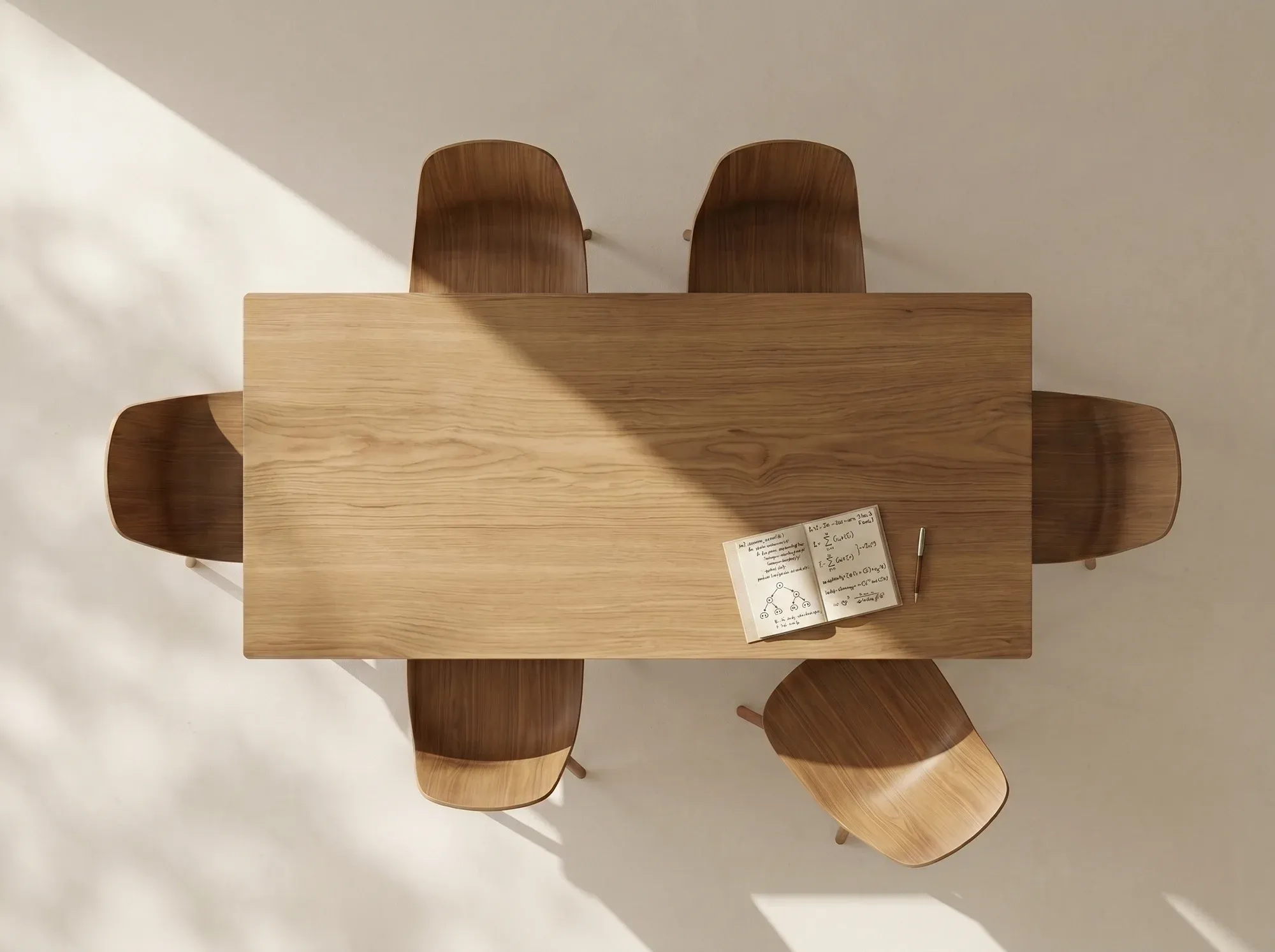 Oak conference table with chairs, seen from above